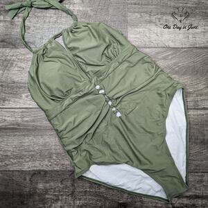 Charmo Piece Swimsuit Olive Green Halter V Neck Ruched Cutout Size 3XL
